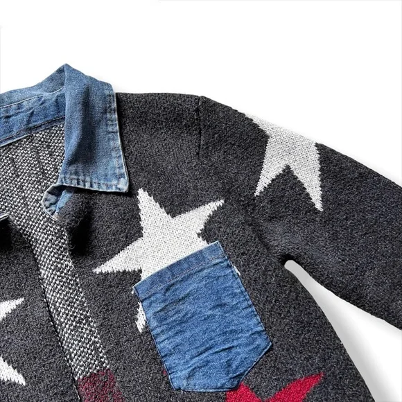 WOOL STAR PRINT CARDIGAN DENIM TRIM OPEN FRONT COLLARED SWEATER COAT GRAY Siz… - Picture 4 of 13